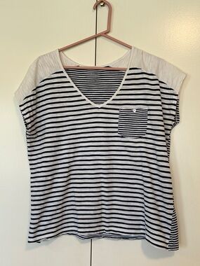 J. Jill Navy and White Striped V-Neck Pocket Tee